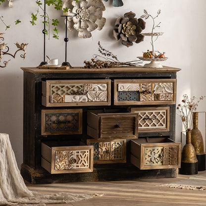 Rustic Sideboard with Intricate Carved Details and Mixed Media