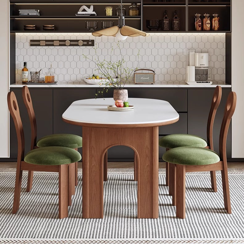 Modern Oval Dining Table with Unique Wooden Base - Durable Rock Slab Top