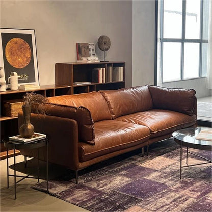 Oil-Waxed Leather Straight-Line Sofa – Luxurious Design for Modern Living Rooms