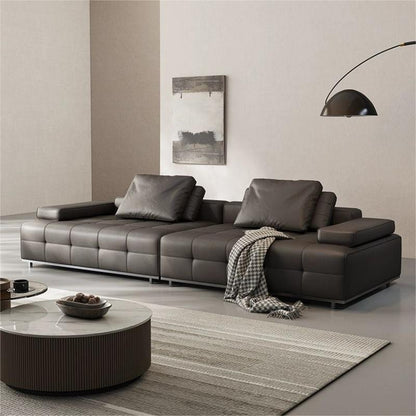 Simple Black Leather Sofa – Sleek Straight-Line Design for Modern Living Rooms