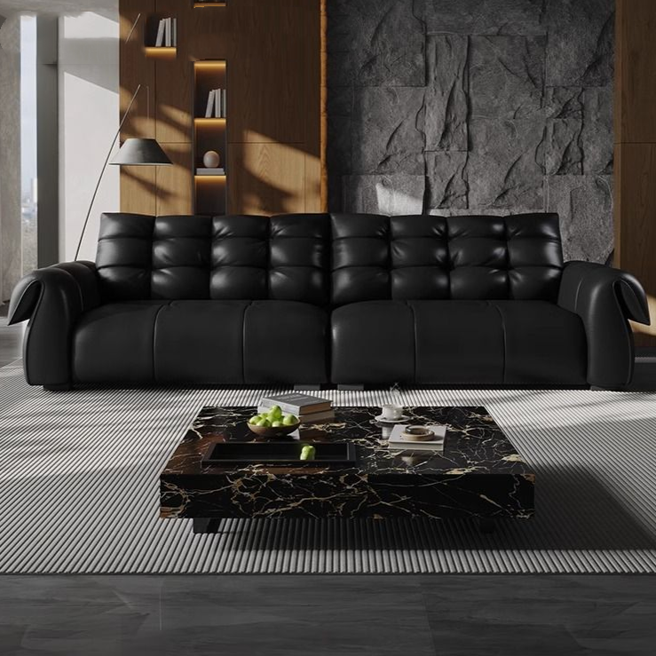 Modern Leather Sofa with Button-Tufted Backrest and Wide Armrests