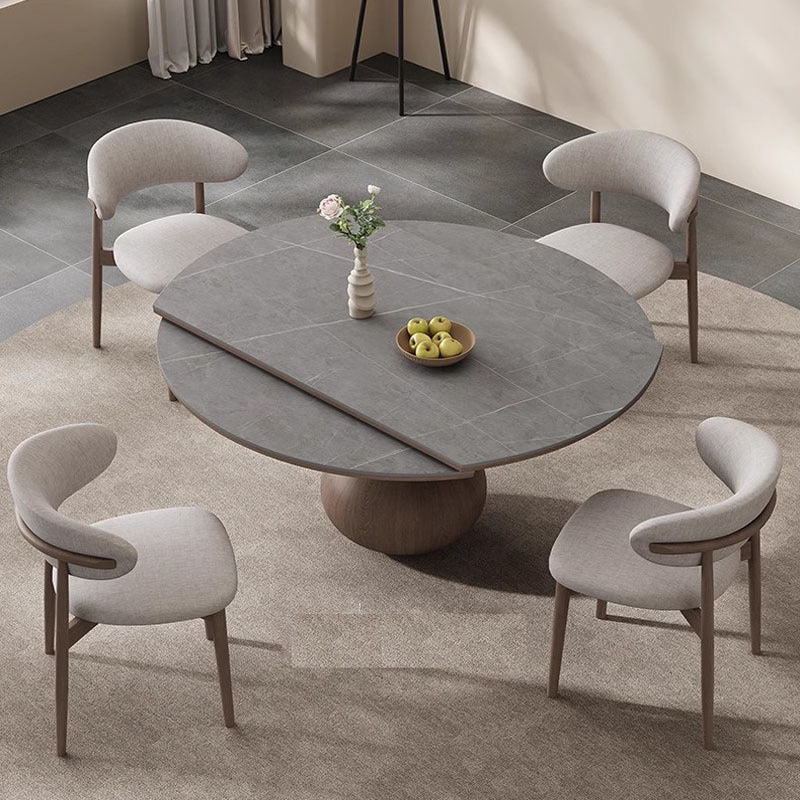 Extendable Round Dining Table Set - Durable Rock Slab Top with Unique Wooden Base