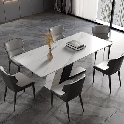 Modern Dining Table with Geometric Base - Durable Rock Slab Top