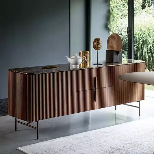 Modern Sideboard with Marble Top and Vertical Wood Slats