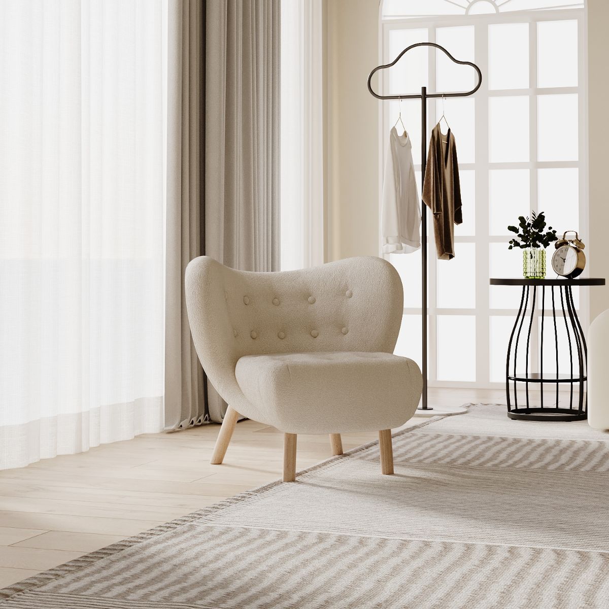 Cloud-Shaped Chair - Plush Lambswool Accent Chair with Wooden Legs