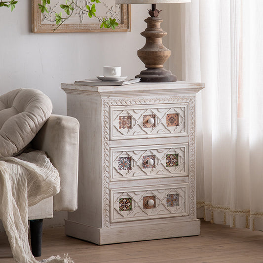 Vintage-Inspired Side Table with Intricate Carvings and Tile Details