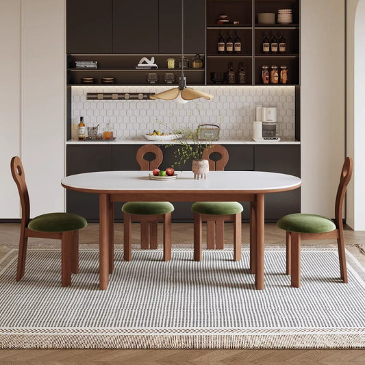 Modern Oval Dining Table with Unique Wooden Base - Durable Rock Slab Top