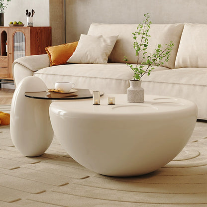 Modern White Coffee Table Set - Designer Round Glass Top Side Table