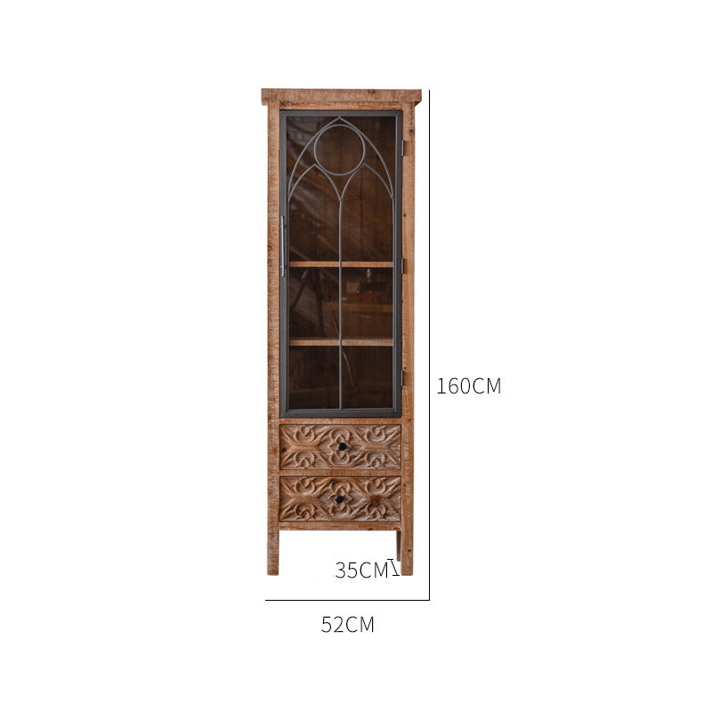 Rustic Industrial Cabinet Set with Glass Doors and Intricate Carvings