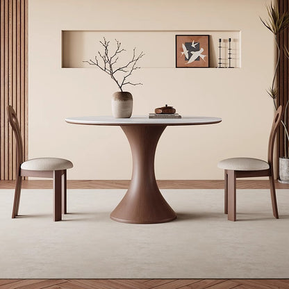 Modern Round Dining Table Set with Unique Wooden Base - Durable Rock Slab Top