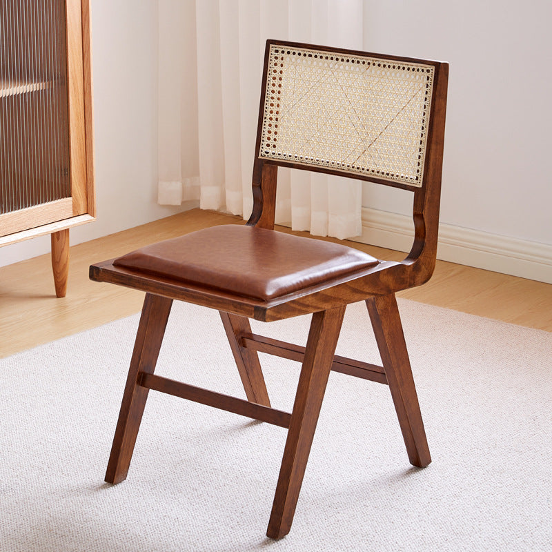 Mid-Century Modern Dining Chair with Rattan Backrest - Leather Seat and Solid Wood Frame