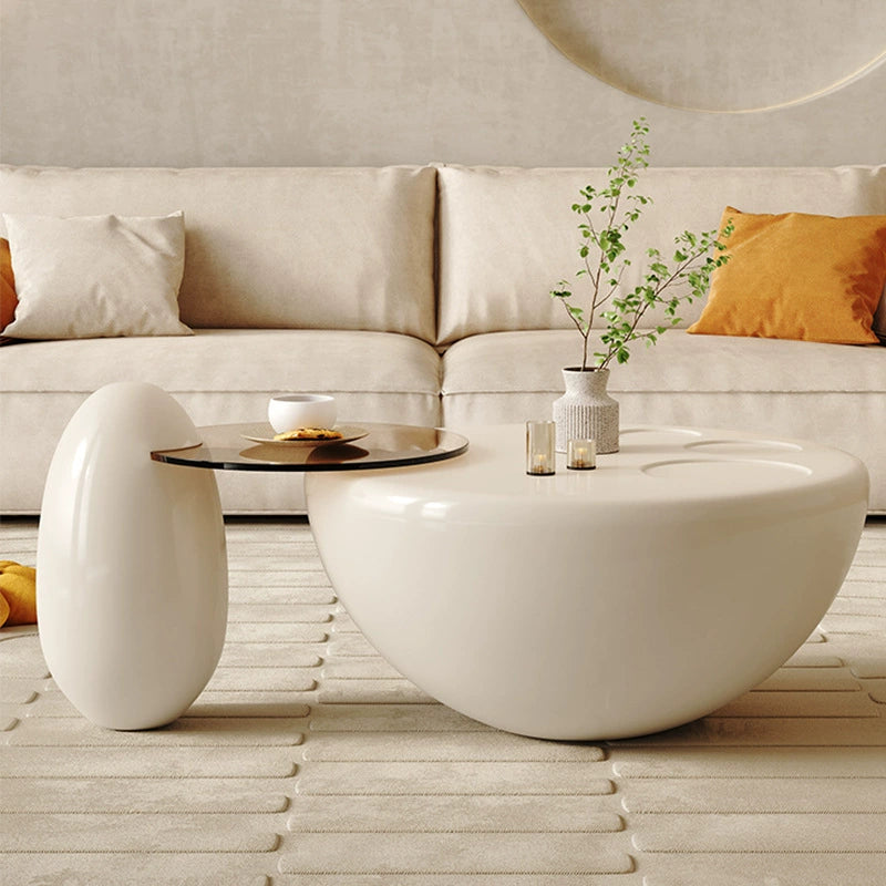 Modern White Coffee Table Set - Designer Round Glass Top Side Table