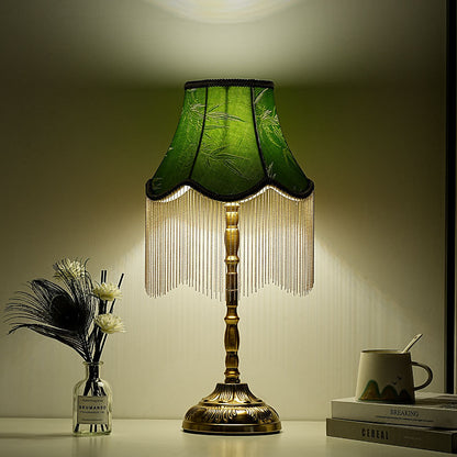 Vintage Green Table Lamp with Fringe - A Touch of Bohemian Elegance