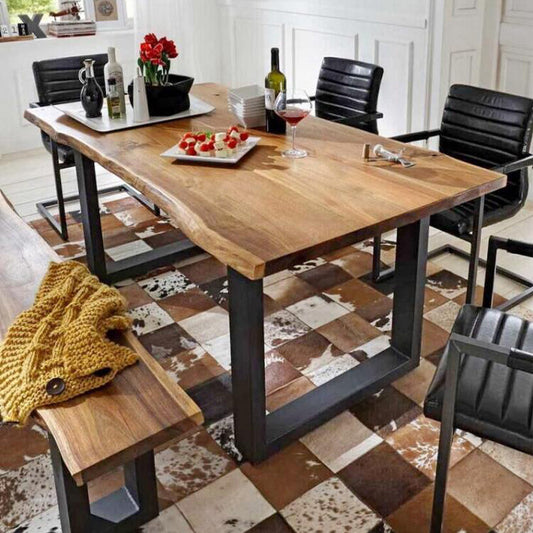 Rustic Wood Dining Table with Industrial Metal Base - Natural Edge Design