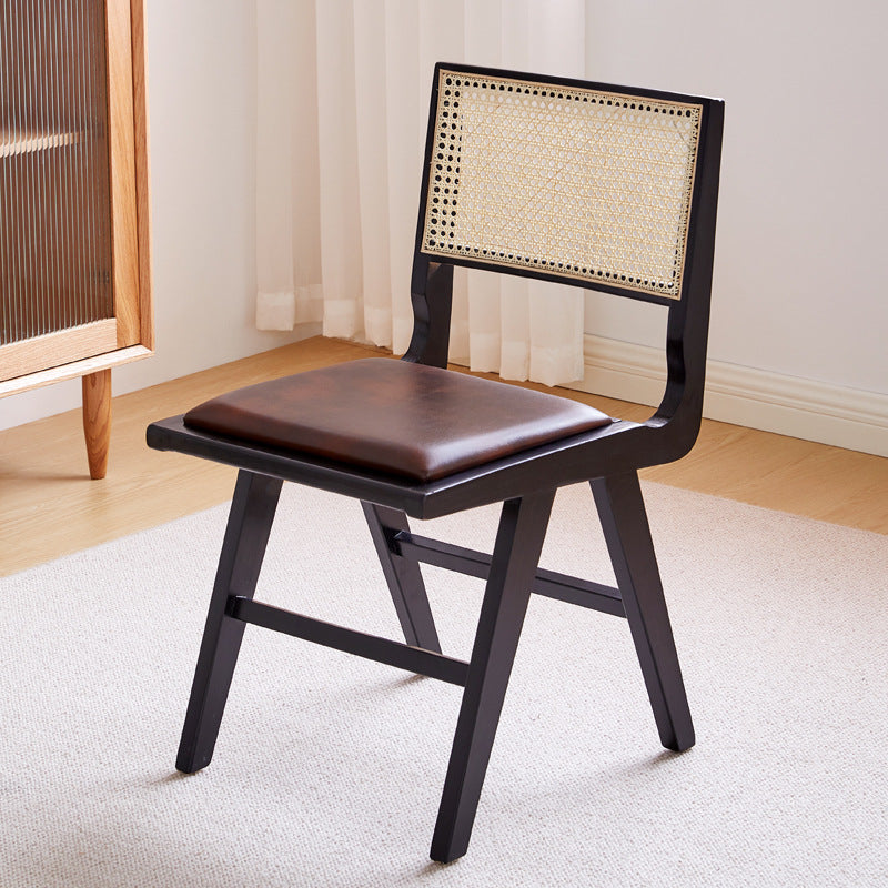 Mid-Century Modern Dining Chair with Rattan Backrest - Leather Seat and Solid Wood Frame