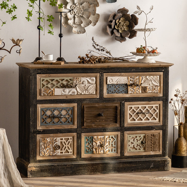 Rustic Sideboard with Intricate Carved Details and Mixed Media