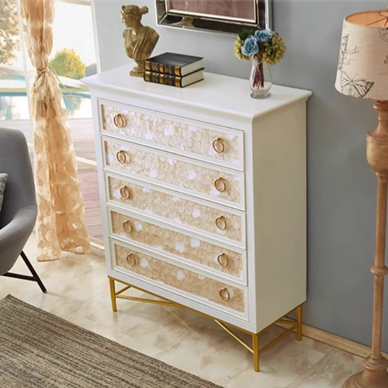 Elegant White Chest of Drawers with Gold Accents and Pearl Inlay