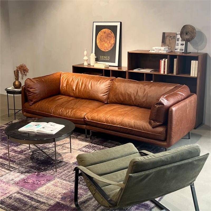 Oil-Waxed Leather Straight-Line Sofa – Luxurious Design for Modern Living Rooms