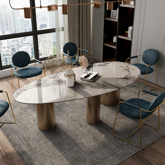 Modern Oval Dining Table with Sleek Stainless Steel Base - Durable Rock Slab Top