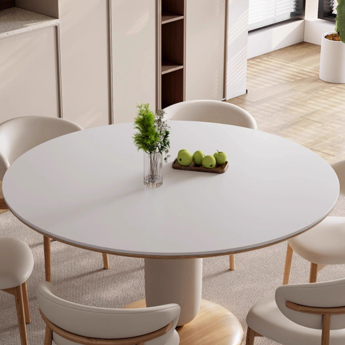 Modern Round Dining Table Set with Unique Sculptural Base - Durable Rock Slab Top