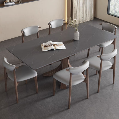 Modern Dining Table Set with Unique X-Shaped Base - Matte Rock Slab Top