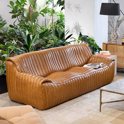 Vintage Leather Sofa with Channel-Tufted Backrest - Mid-Century Modern Style