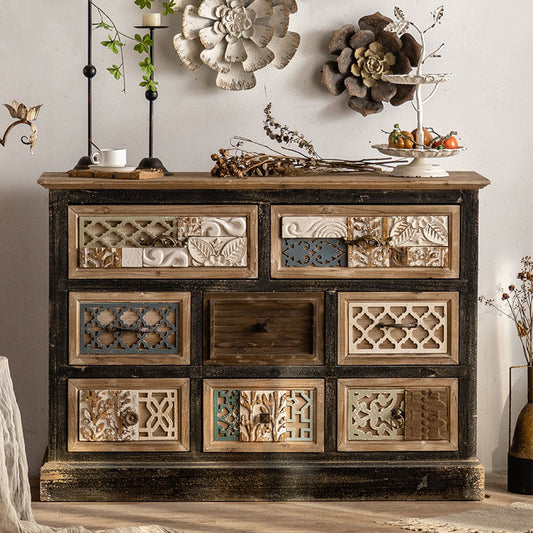 Rustic Sideboard with Intricate Carved Details and Mixed Media