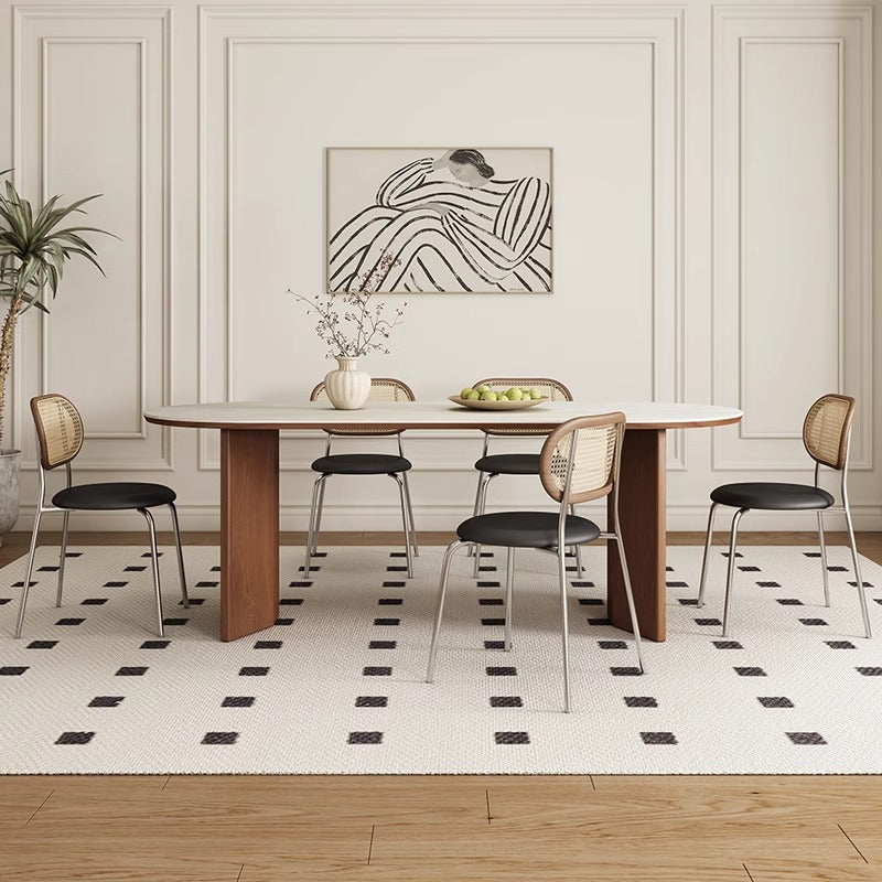 Modern Oval Dining Table Set with Unique Wooden Base - Durable Rock Slab Top