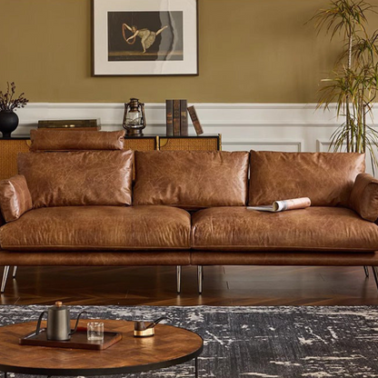 Vintage Leather Sofa with Distressed Finish - Mid-Century Modern Style