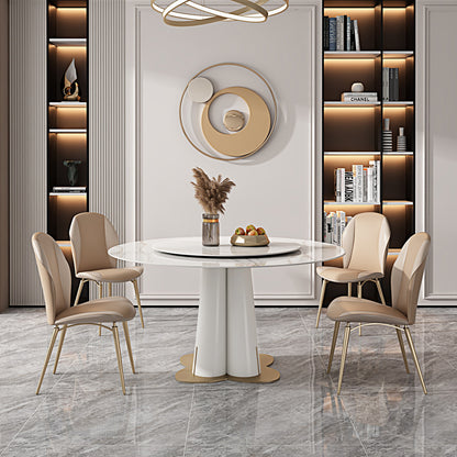 Modern Minimalist Ceramic Stone Round Dining Table with Rotating Tray - Glossy Finish