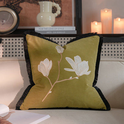 Elegant Magnolia Embroidered Velvet Pillow - A Touch of Luxury