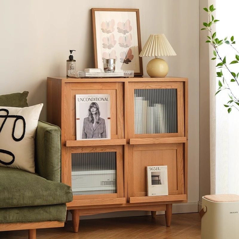 Mid-Century Modern Side Cabinet with Sliding Glass Doors and Open Shelving