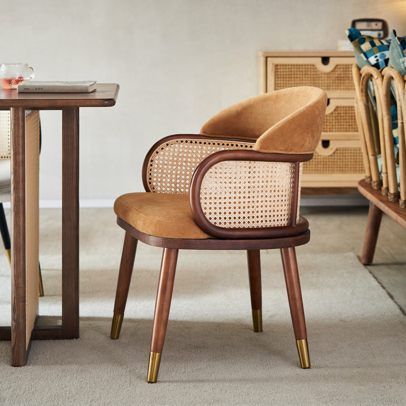 Modern Dining Chair with Rattan Backrest - Upholstered Dining Chair with Wood Legs