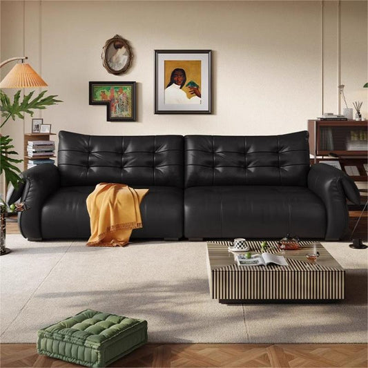 Modern Leather Sofa with Button-Tufted Backrest and Wide Armrests