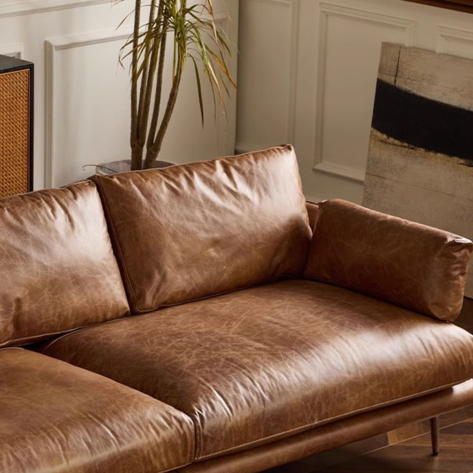 Vintage Leather Sofa with Distressed Finish - Mid-Century Modern Style