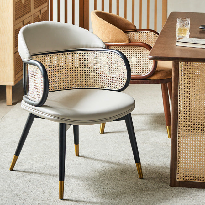 Modern Dining Chair with Rattan Backrest - Upholstered Dining Chair with Wood Legs