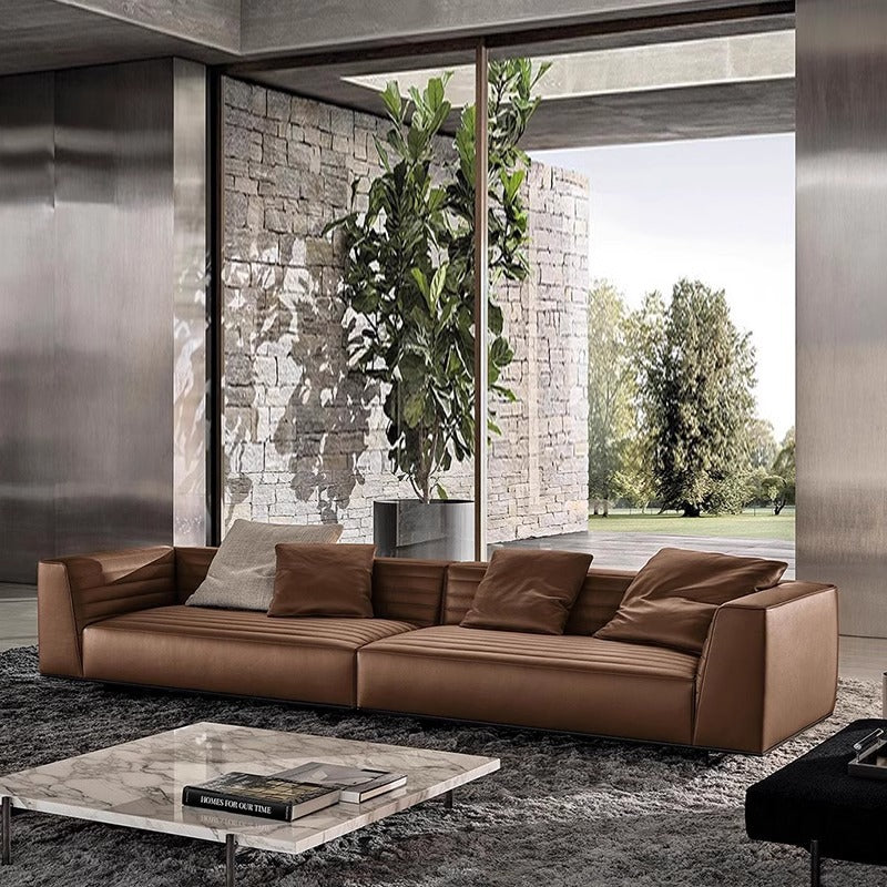 Minimalist Leather Straight-Line Sofa – Chic Design for Modern Living Rooms