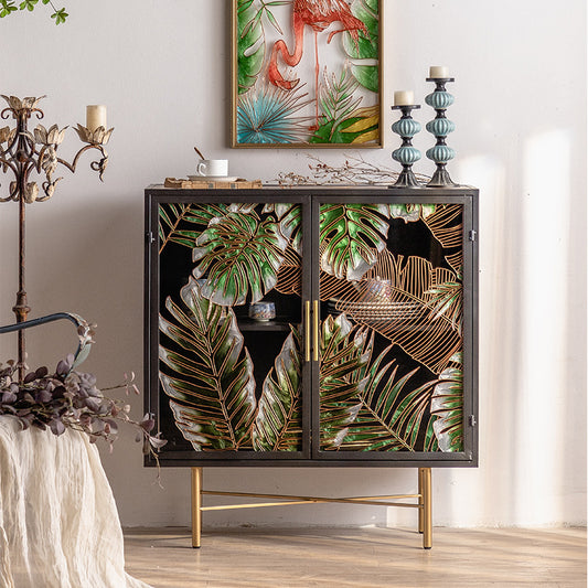 Tropical Glass Door Cabinet with Metal Frame - A Boho Chic Statement