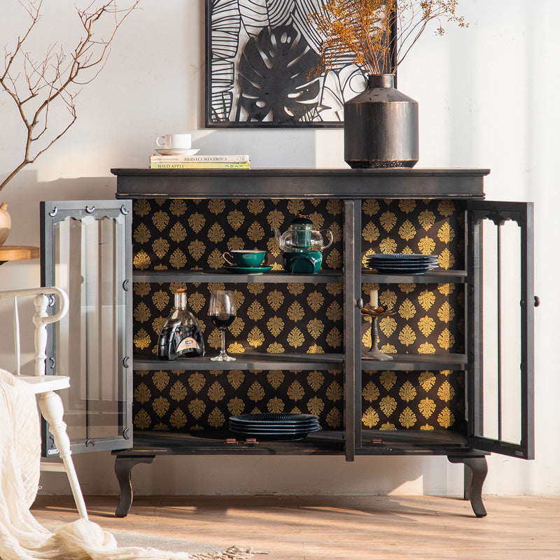 Vintage-Inspired Display Cabinet with Glass Doors and Gold Accents