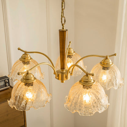 Vintage-Inspired Wooden Chandelier with Glass Shades - Rustic Charm