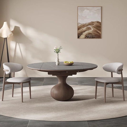 Extendable Round Dining Table Set - Durable Rock Slab Top with Unique Wooden Base