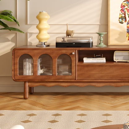 Mid-Century Modern TV Stand with Arched Glass Doors and Wooden Accents