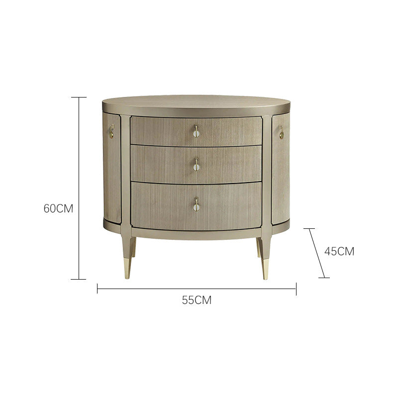 Curved Nightstand with Gold Accents and Elegant Design