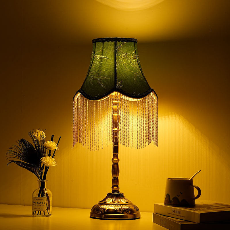 Vintage Green Table Lamp with Fringe - A Touch of Bohemian Elegance