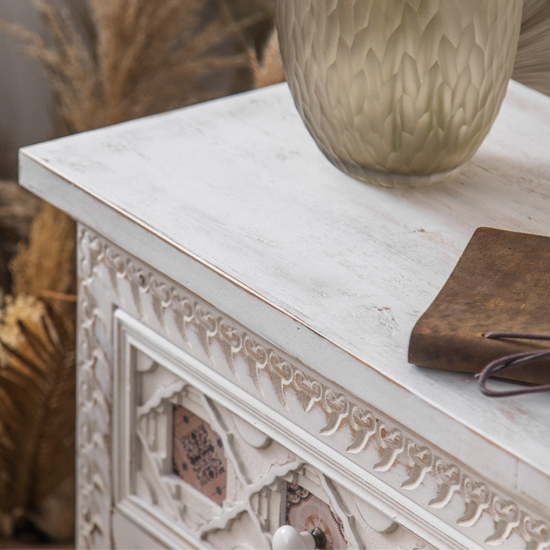 Vintage-Inspired Side Table with Intricate Carvings and Tile Details