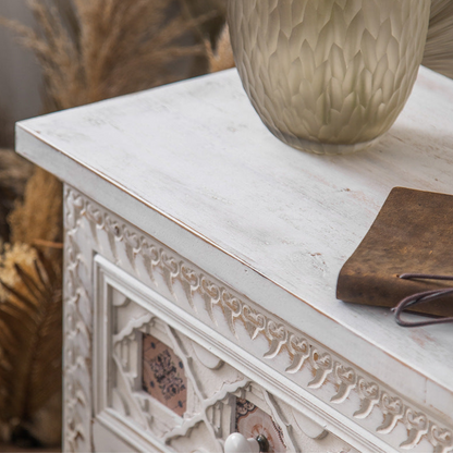 Vintage-Inspired Side Table with Intricate Carvings and Tile Details