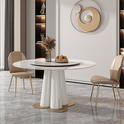 Modern Minimalist Ceramic Stone Round Dining Table with Rotating Tray - Glossy Finish