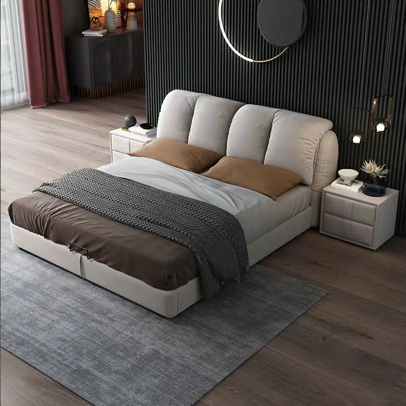 Modern Upholstered Bed frame with Curved Backrest and Storage