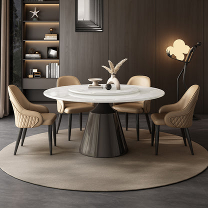 Modern Round Marble Dining Table with Rotating Top - Sleek Stainless Steel Base