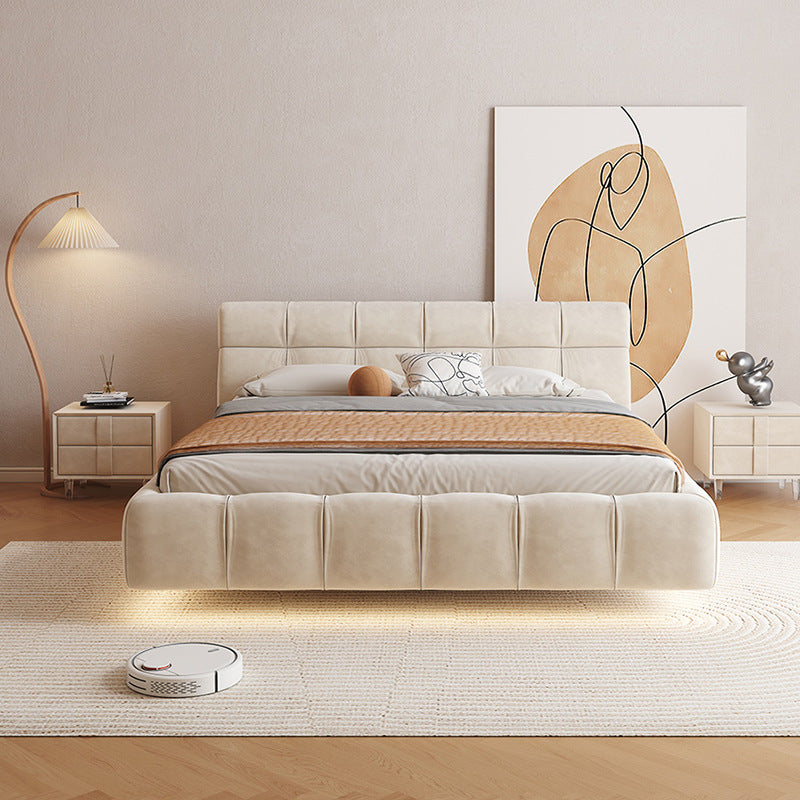 Modern Floating Bed Frame with Upholstered Headboard - Minimalist Design